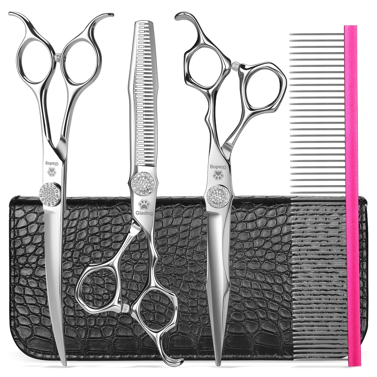 GLADOG Professional 4 in 1 Dog Grooming Scissors Set with Safety Round Tips, Sharp and Heavy-duty Pet Grooming Shears for Cats (Pink)