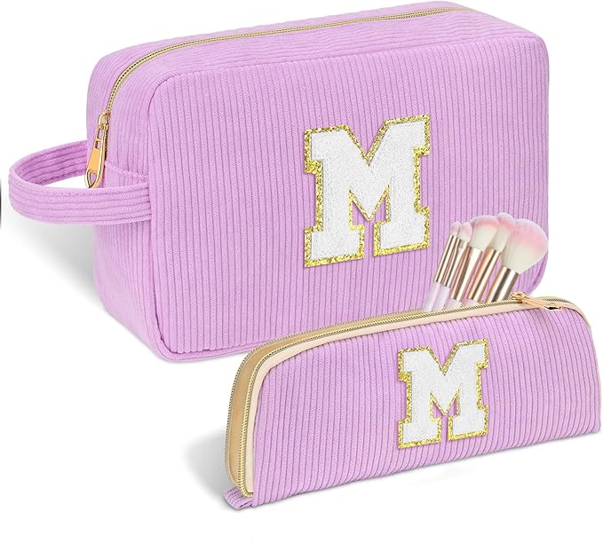 Sernaxi Personalized Initial Makeup Bag Trendy Stuff Corduroy Cosmetic Bag Travel Toiletry Bag, Valentine’s Day Gift Makeup Organizer Case & Makeup Pouch for Women teen Girls Mom Girlfriend Wife