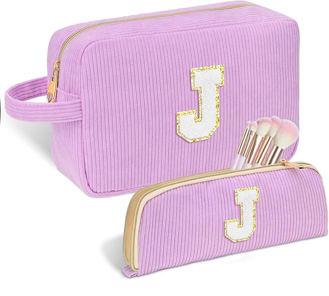 Sernaxi Personalized Initial Makeup Bag Trendy Stuff Corduroy Cosmetic Bag Travel Toiletry Bag, Valentine’s Day Gift Makeup Organizer Case & Makeup Pouch for Women teen Girls Mom Girlfriend Wife