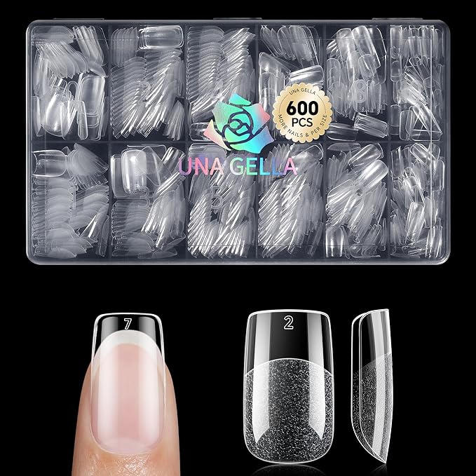 UNA GELLA 600Pcs Short Square Gel Nail Tips, Square Press on Nails Pre Etched Full Cover Soft Gel Nail Tips No C Curve For Women Girl DIY French & Chrome Style Salon At Home 12 Sizes