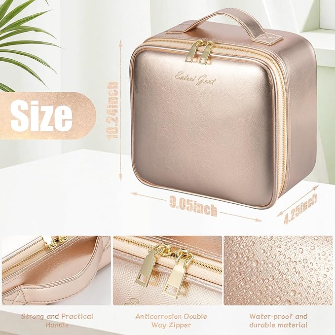 Extrei Gent Makeup Travel Train Case with Mirror LED Light 3 Adjustable Brightness Large Cosmetic Bag Portable Storage Adjustable Partition Waterproof Make up Brushes Makeup Jewelry Gift for Women