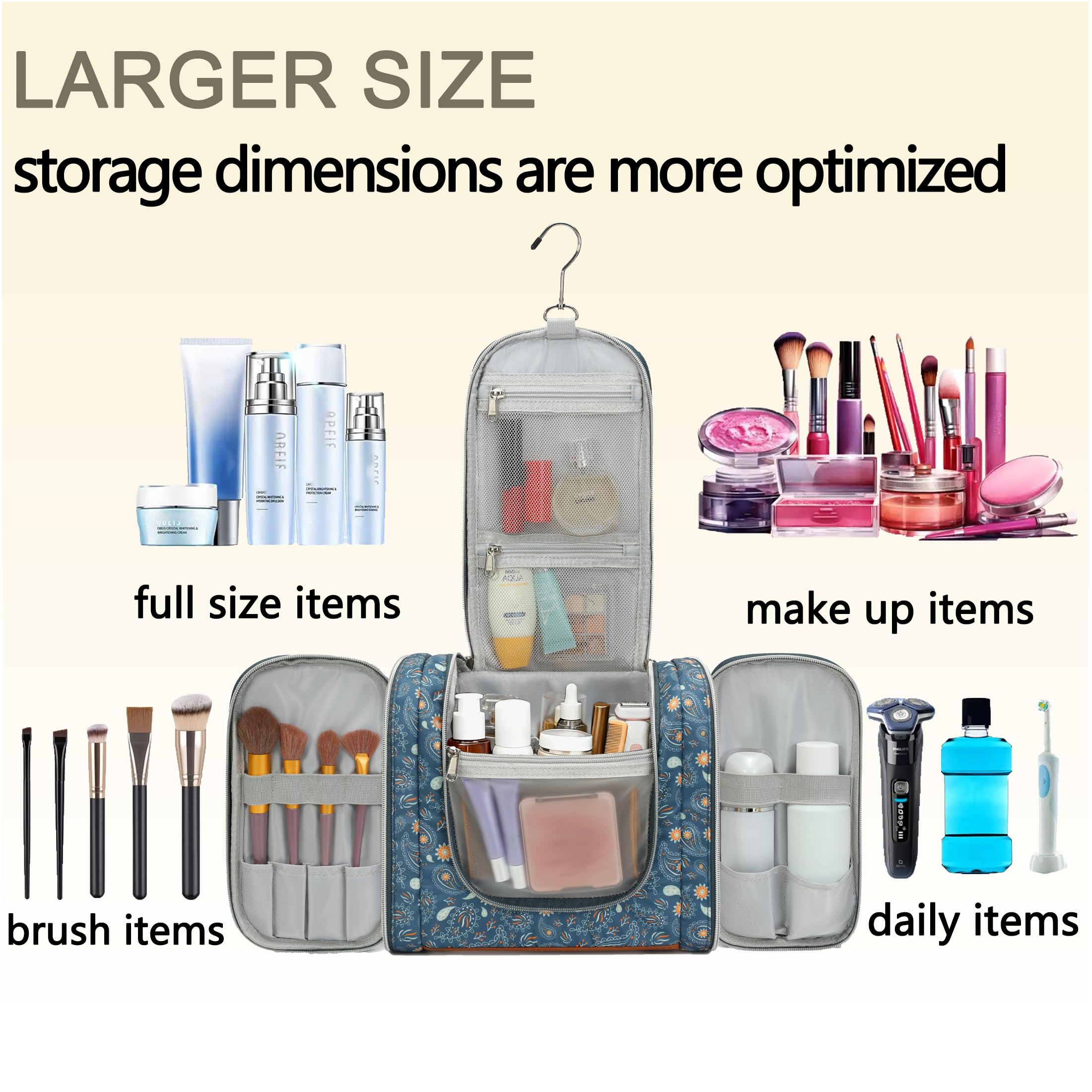Perlvin Alinne Hanging Toiletry Bag for Women, Travel Makeup with Metal Swivel Hook, Organizer for Full Sized Cosmetics and Toiletries,Water-Resistant Nylon,Paisley Floral