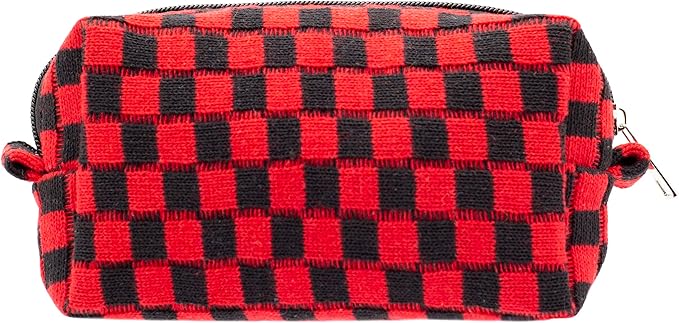 Checkered Makeup Bag for Purse, Small Travel Cosmetic Pouch,Red Black