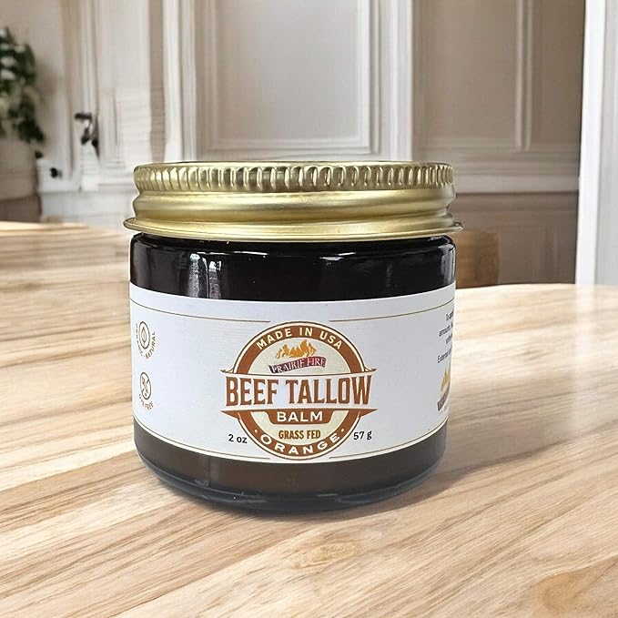 Prairie Fire Candles Grass Fed Beef Tallow Balm Grown and Made in USA - Organic Grass Fed and Finished Tallow - Moisturizing Skin Care Orange 2 oz
