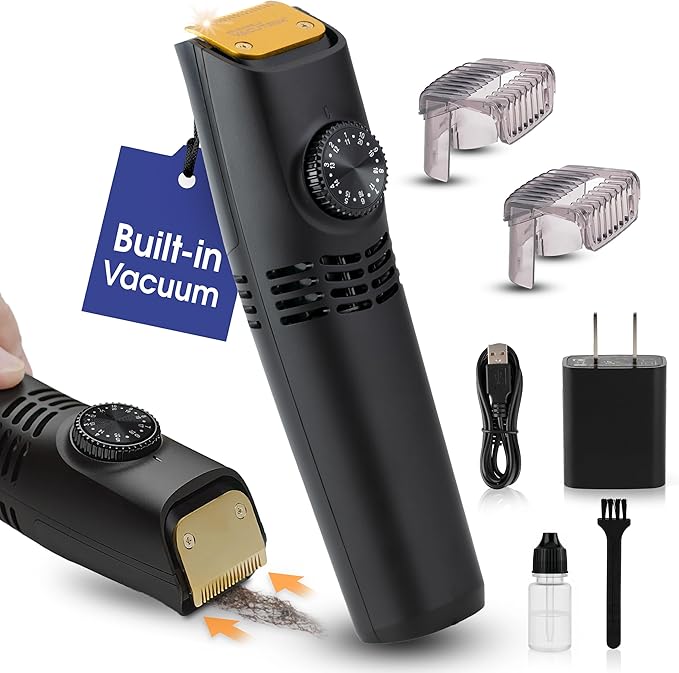 Bell+Howell Vacutrim Deluxe Cordless Mens Beard Trimmer, Rechargeable Electric Shaver with 20 Trim Setting and Built-in Vacuum for Mustache, Sideburns. Facial Hair, Black, 7.5", As Seen On TV