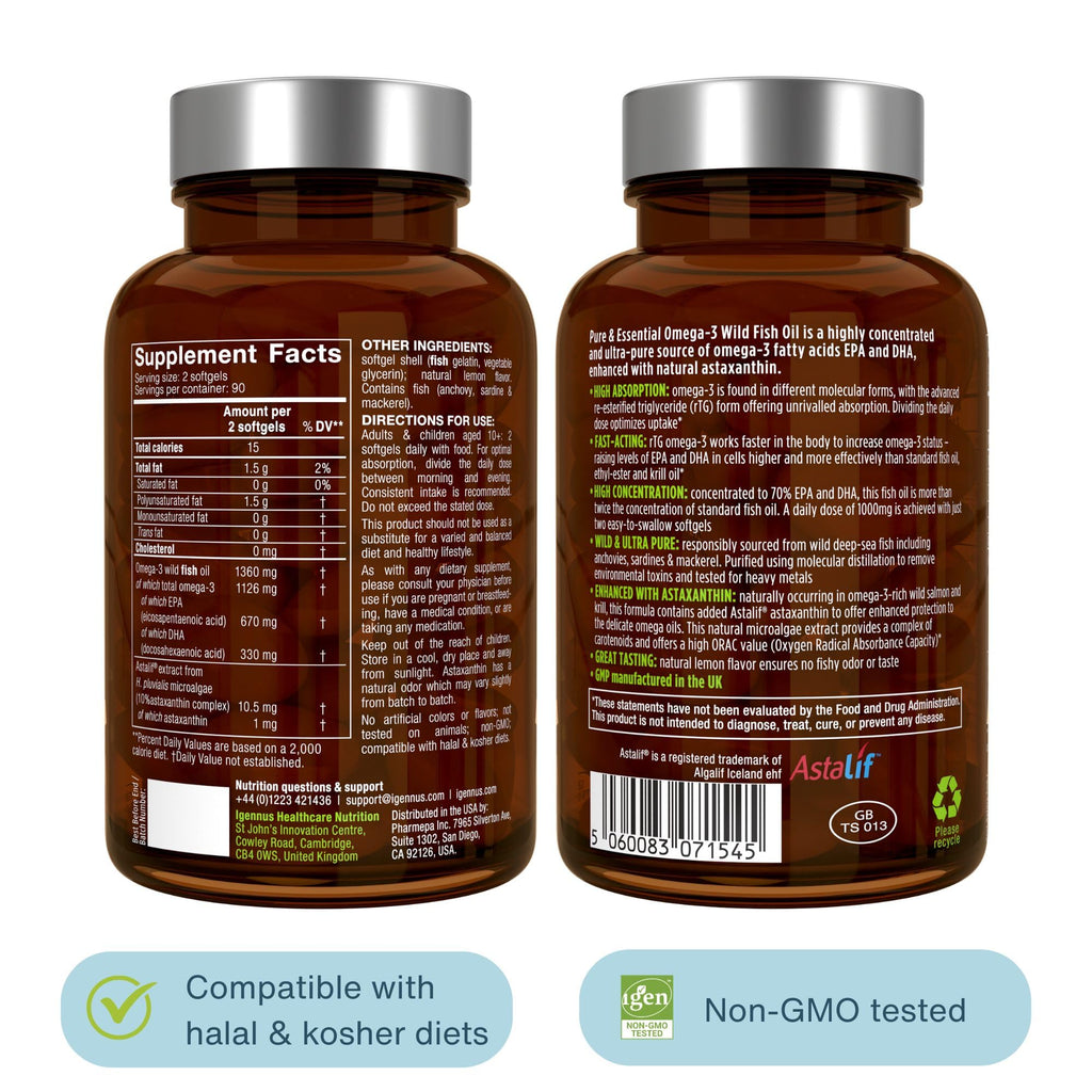 Igennus Ultra Pure Omega 3 rTG Wild Fish Oil 1360mg, 180 Softgels