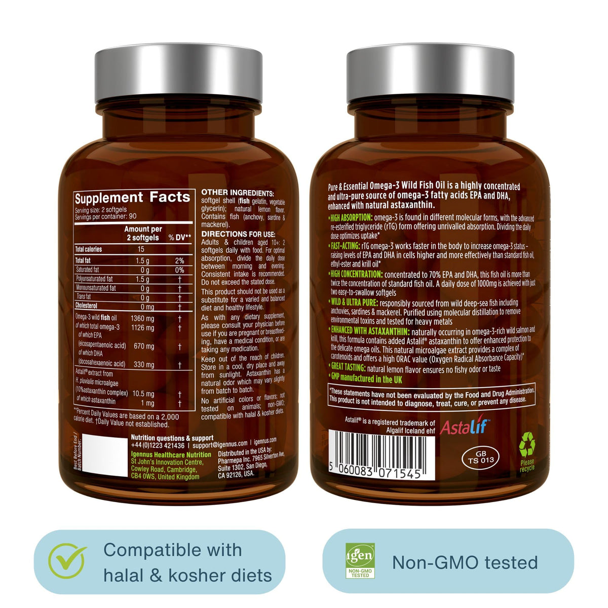 Igennus Ultra Pure Omega 3 rTG Wild Fish Oil 1360mg, 180 Softgels