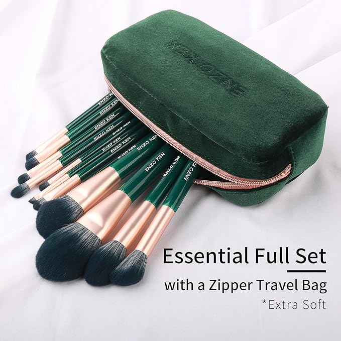 ENZO KEN Natural Fiber & Goat Hair Makeup Brush Set Professional, Combined Hair Makeup Brushes Set with Case, Green Cosmetic Brushes Makeup Set, Natural Makeup Brushes, Natural Bristle Makeup Brushes.