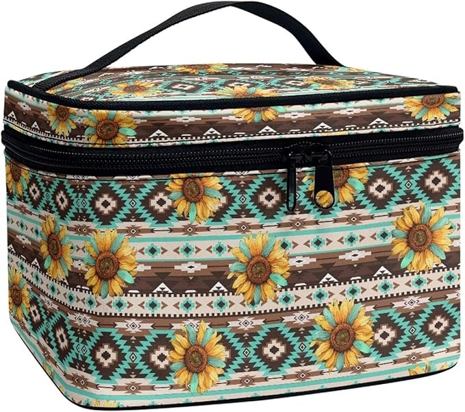 Drydeepin Navajo Aztec Tribal Sunflower Pattern Travel Makeup Bags for Women Portable Tote Cosmetic Case with Carry Handle Toiletry Accessories Storage Organizer Bags