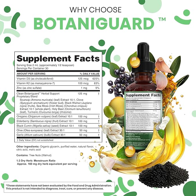 Clean Nutra Oil of Oregano Drops Black Seed Oil Elderberry Vitamin D D3 K2 Olive Garlic Immune Support Supplement Zinc Supplements Liquid 2 Fl Oz Vegan