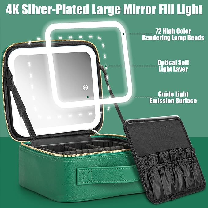 Extrei Gent Makeup Travel Train Case with Mirror LED Light 3 Adjustable Brightness Cosmetic Bag Portable Storage Adjustable Partition Waterproof Makeup Brushes Makeup Jewelry Gift for Women, Green
