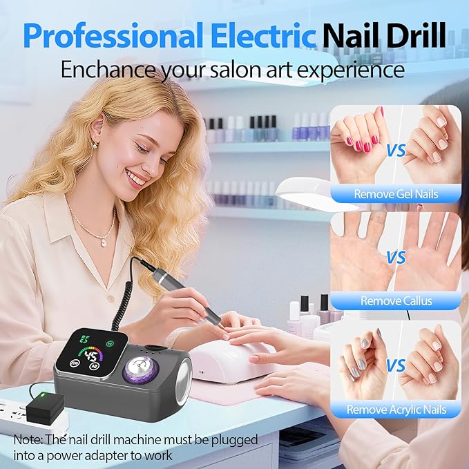 PYVOLA Professional Electric Nail Drill E-File Machine - 45,000 RPM Corded Nail Drills Kit with Low Noise & LED Display for Shaping, Removing & Polishing Acrylic Gel Nails for Salon Home