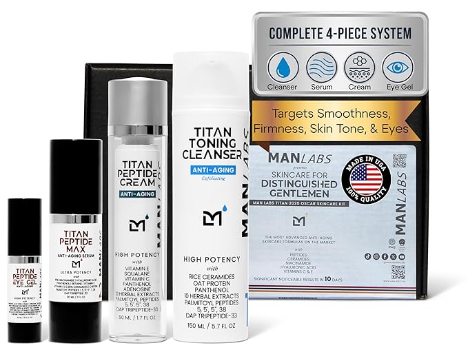 Man Labs Titan Peptide MAX Mens Skin Care Kit, 4pc Anti-Aging Face Care Kit