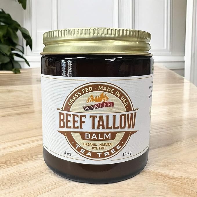 Prairie Fire Candles Grass Fed Beef Tallow Balm Grown and Made in USA - Organic Grass Fed and Finished Tallow - Moisturizing Skin Care Tea Tree 4 oz