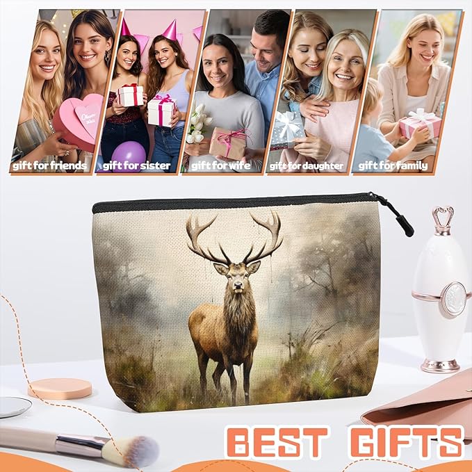 Scribesense Cosmetic Bags Travel Makeup Toilet Case Waterproof Pouch for Women Girls 6.7X9.45inches - Stag in A Misty Forest Landscape