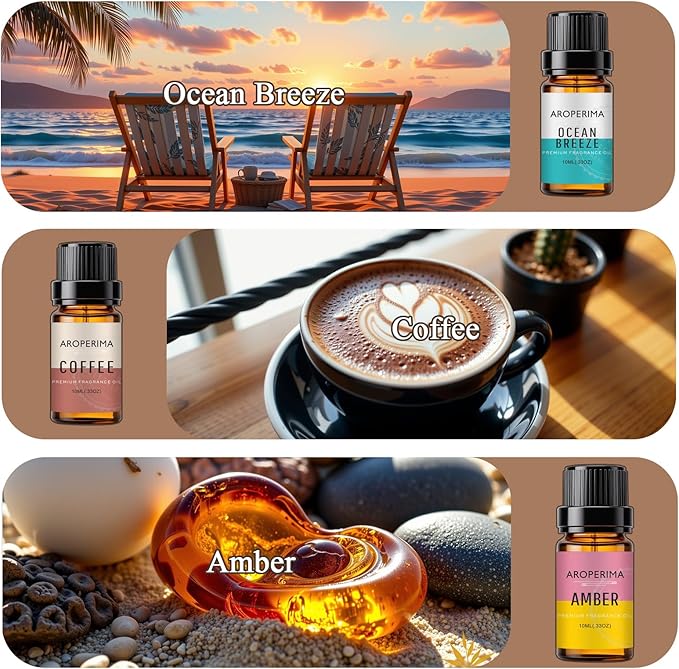 AROPERIMA Gentlemen Fragrance Essential Oil Set - Sandalwood, Forest Pine, Bay Rum, Ocean Breeze, Coffee, Amber 6x10ML for Diffusers, Aromatherapy, Massage, Perfume, Soap Making and Candle