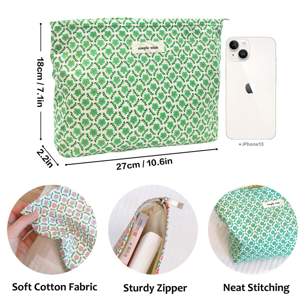 STARDW Aesthetic Floral Makeup Bag Cute Small Cosmetic Bags for Women Girls, Travel Toiletry Bag Large Capacity Zipper Makeup Pouch, Purse Organizer Pouches (Green Flora)