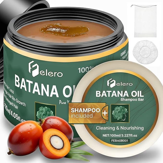Unrefined Batana Oil & Shampoo Bar Set for Hair Growth - 100% Pure, Organic & Authentic Dr Sebi Batana Hair Mask from Honduras - Repairs Split Ends, Reduces Hair Loss & Boosts Beard Growth - 7.27oz