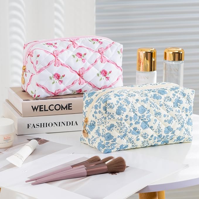UUYUUY Makeup Bag Travel Toiletry Bag for Women, Small Cosmetic Bags Cute Quilted Cotton Makeup Pouch for Purse Emergency Bag Pencil Case Accessory Bag, Blue