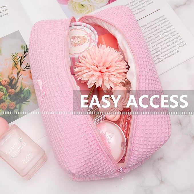 PAZIMIIK Cozy Makeup Bag for Women,Zipper Cosmetic Pouch,Waffle Candy Pink