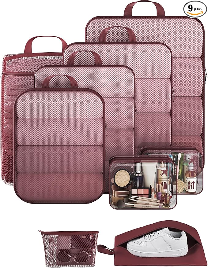 Veken 9/11 Set Compression Packing Cubes Garment Bags for Travel Essentials,Compressible Expandable Luggage Organizer Bags for Clothing,Space Saver Bags with Over 1000 pcs of Mesh Holes(Wine Red)