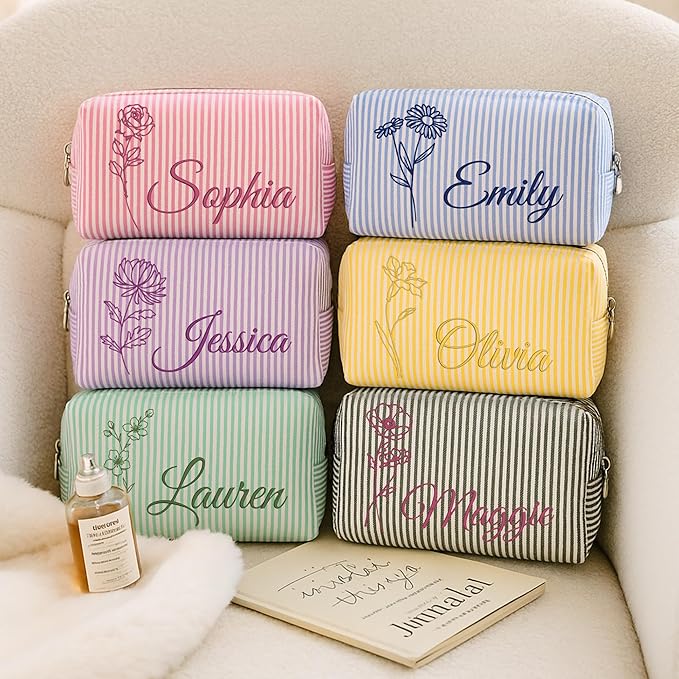 Ajiangwu Personalized Makeup Bag with Embroidered Name&Birth Flower for Bridesmaid Gifts,Custom Small Travel Cosmetic Bag Toiletry Bag Wedding Gifts for Bride