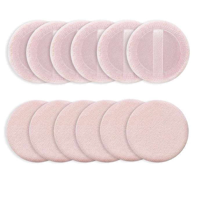 Sibba 12 Pcs Loose Powder Make Up Puff Pink Cotton Pads Face Body Makeup Velour with Ribbon Applicators Setting Round Make Up Eyeshadow Concealer Cosmetics Sponge