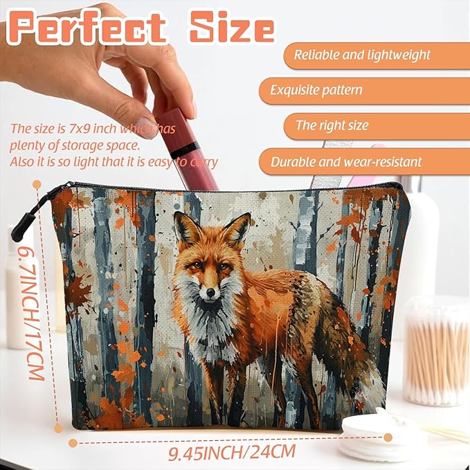 Scribesense Cosmetic Bags Travel Makeup Toilet Case Waterproof Pouch for Women Girls 6.7X9.45inches - Red Fox Gazing Intently in An Autumn Wilderness