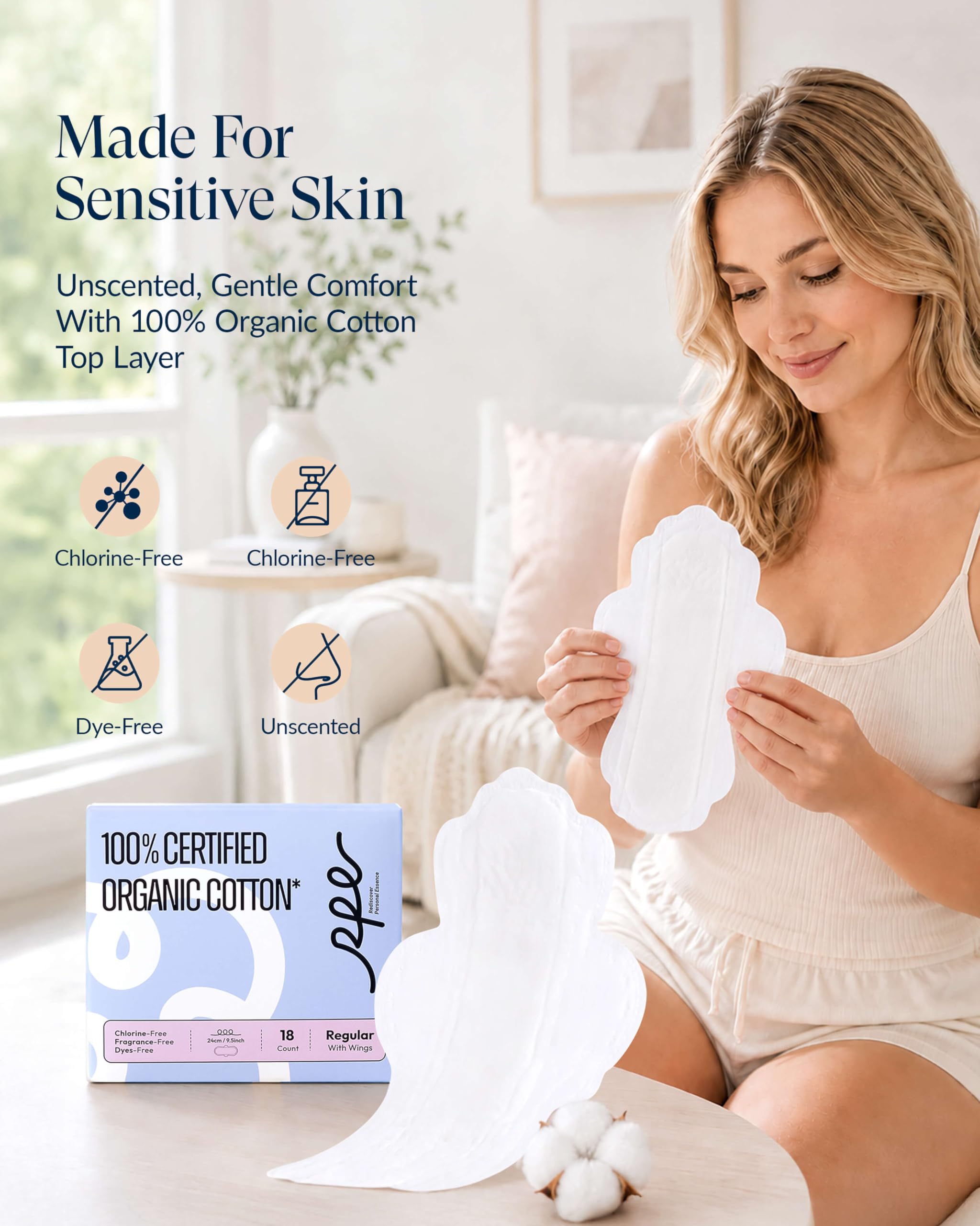 RPE Life 100% GOTS Organic Cotton Period Pads with Wings, Size 3, 18 Count