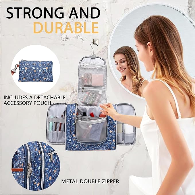 Perlvin Alinne Hanging Toiletry Bag for Women, Travel Makeup with Metal Swivel Hook, Organizer for Full Sized Cosmetics and Toiletries,Water-Resistant Nylon,Paisley Floral