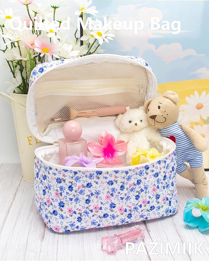 3 Piece Quilted Makeup Bag Set for Women,Cosmetic&Toiletry Bag,Floral Blue