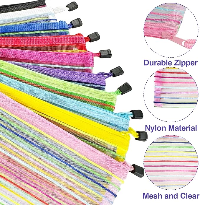 CarryEpic Mesh Bags with Zipper (10 Pack), Small Nylon Makeup Bag Cosmetic Pouches Travel Organizer for Purse Diaper Bag Home Organizing Striped Mix 10 Colors