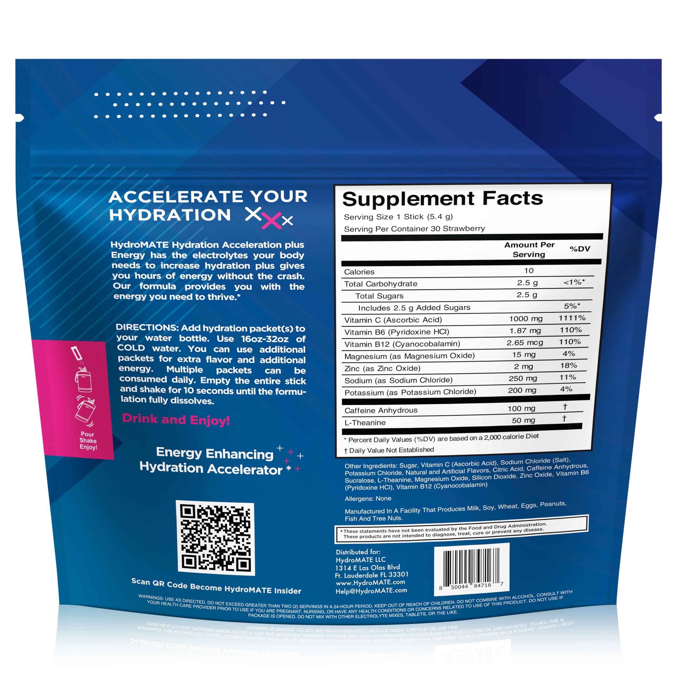 HydroMATE Electrolytes Powder Drink Mix Packets Hydration Accelerator Low Sugar Rapid Party Relief Recovery Vitamin C Plus Caffeine Strawberry 16 Count