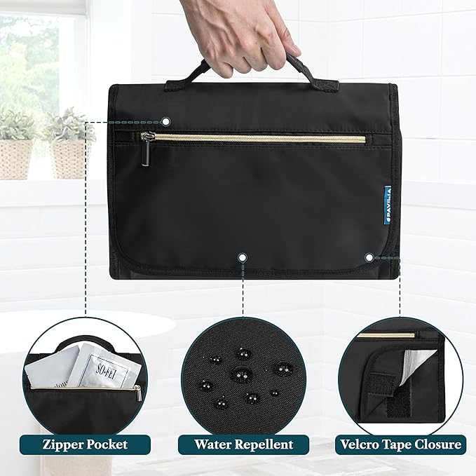 PAVILIA Hanging Toiletry Bag for Women Men, Large Foldable Toiletries Organizer with Hook, Water-Resistant Makeup Cosmetic Rollup Case, Clear Pockets for Bathroom, Gym, Cruise (Black)