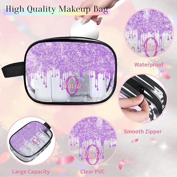 KFNHN Personalized Travel Cosmetic Bag Waterproof Makeup Bags, Custom Name Clear PVC Organizer Case Toiletries Container Bag, Romantic Purple Curtain Glittering