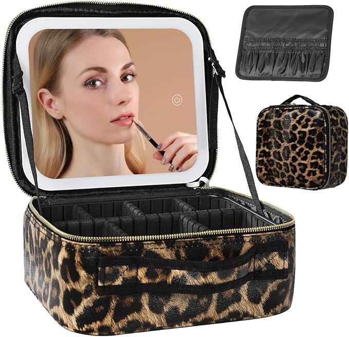 Behaesty Travel Makeup Bag with LED Lighted Mirror, Cosmetic Makeup Organizer Bag with 3 Color Setting, Makeup Train Case with Adjustable Dividers for Women Makeup Brushes Jewelry Accessories
