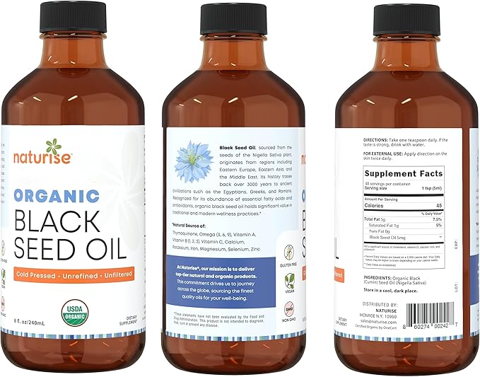Naturise - Organic Black Seed Oil (Nigella Sativa, Cumin Seed) Cold Pressed Non-GMO, 8 oz Glass Bottle Source of Essential Fatty Acids, Omega 3 6 9'