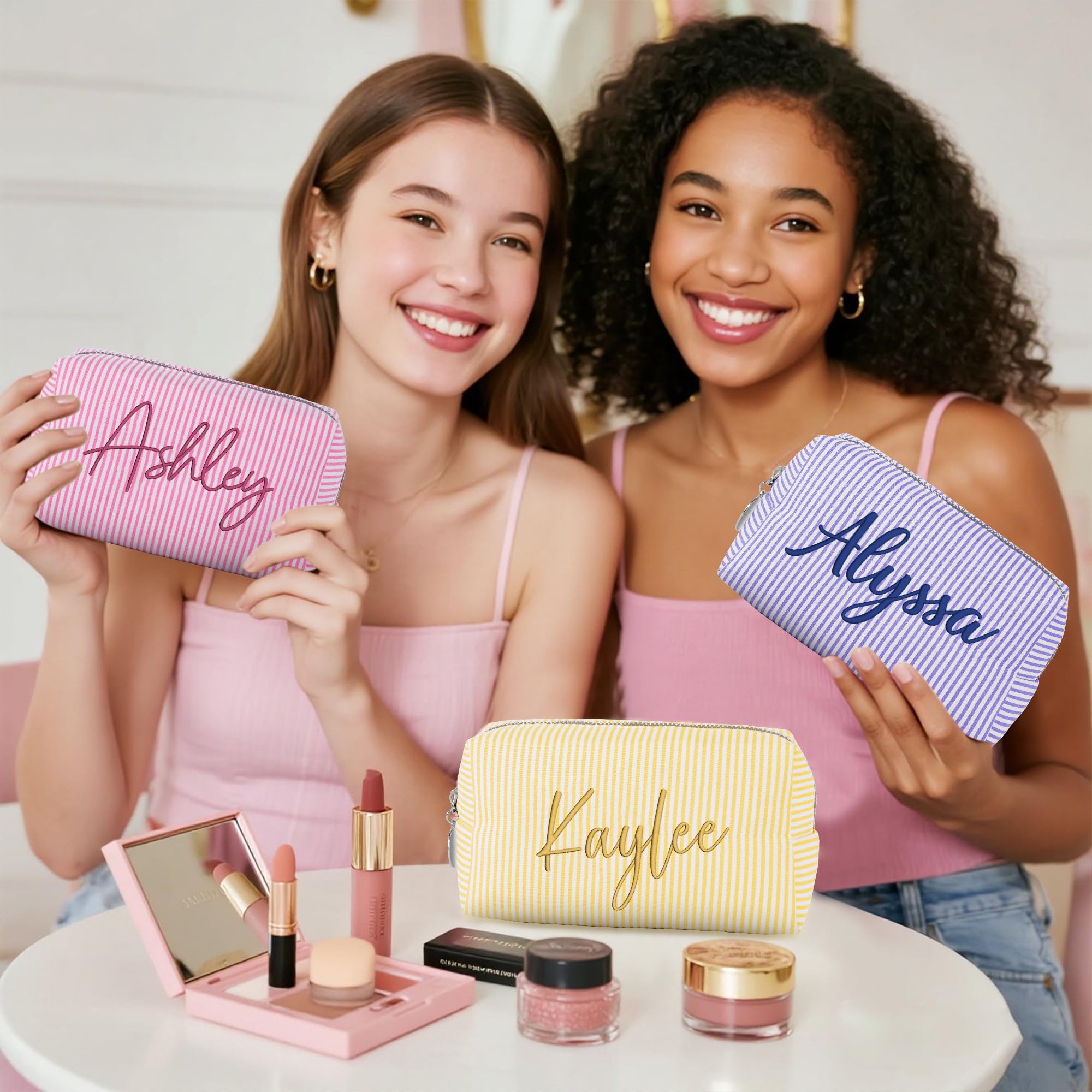 Yofair Personalized Makeup Bag with Name, Bridesmaid Gifts Large Capacity Travel Toiletry Case Custom Seersucker Cosmetic Bags Wedding Birthday Gifts for Girls Women