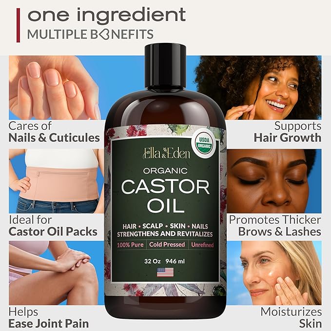 USDA Organic Castor Oil, 100% Pure Cold-Pressed Hexane-Free, 32 Fl Oz