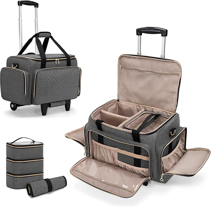 LUXJA Rolling Makeup Case with 3 Removable Pouches and 1 Makeup Brush Bag, Large Makeup Bag Cosmetic Bag with Detachable Dolly (Patented), Gray