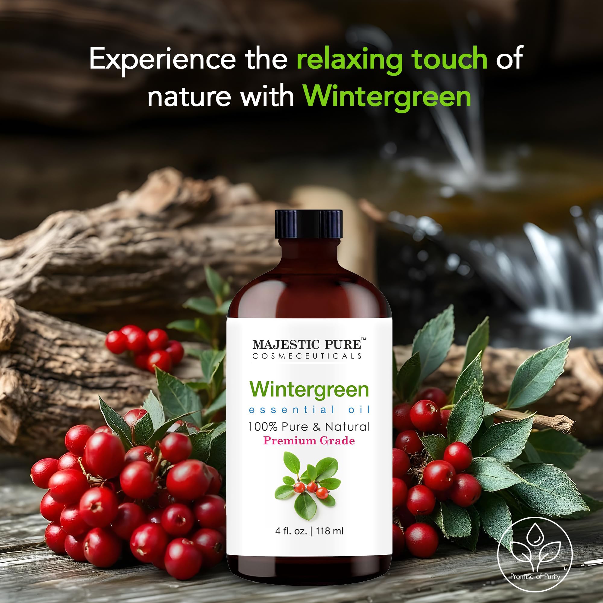 Majestic Pure Essential Oil with Glass Dropper - 100% Pure and Natural - Essential Oils for Diffuser, Aromatherapy, Soap and Candle Making, Wintergreen Essential Oil, Wintergreen Oil, 4 Fl Oz