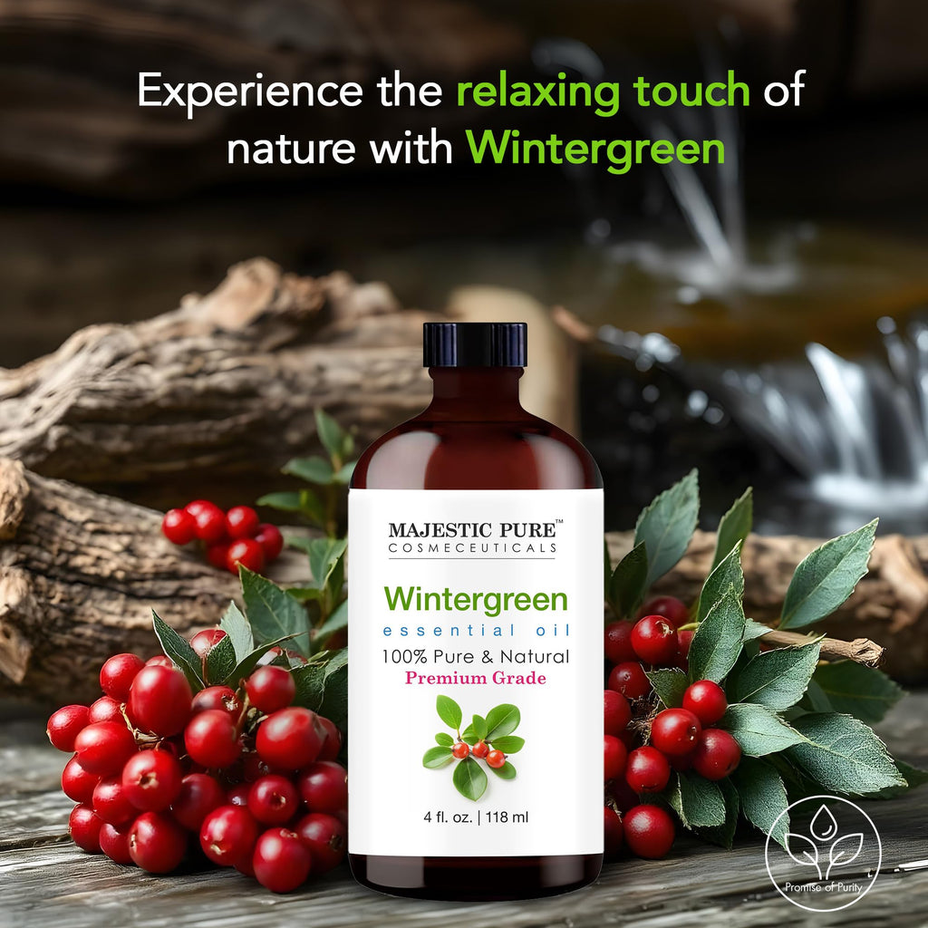 Majestic Pure Essential Oil with Glass Dropper - 100% Pure and Natural - Essential Oils for Diffuser, Aromatherapy, Soap and Candle Making, Wintergreen Essential Oil, Wintergreen Oil, 4 Fl Oz