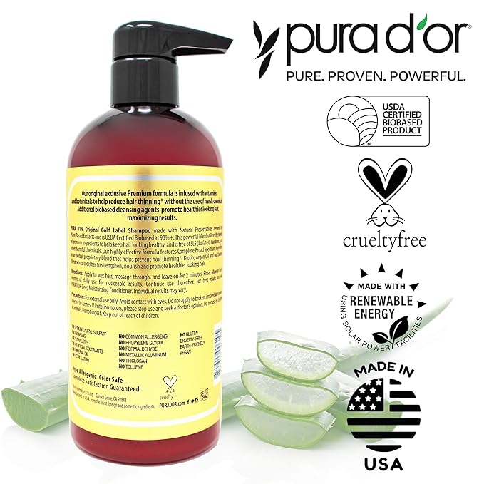 PURA D'OR Original Gold Label Anti-Thinning Shampoo - CLINICALLY TESTED - Biotin & Argan Oil – Sulfate-Free Strengthening & Volumizing for Fuller-Looking Hair, Men & Women, Natural Earthy Scent 16 oz