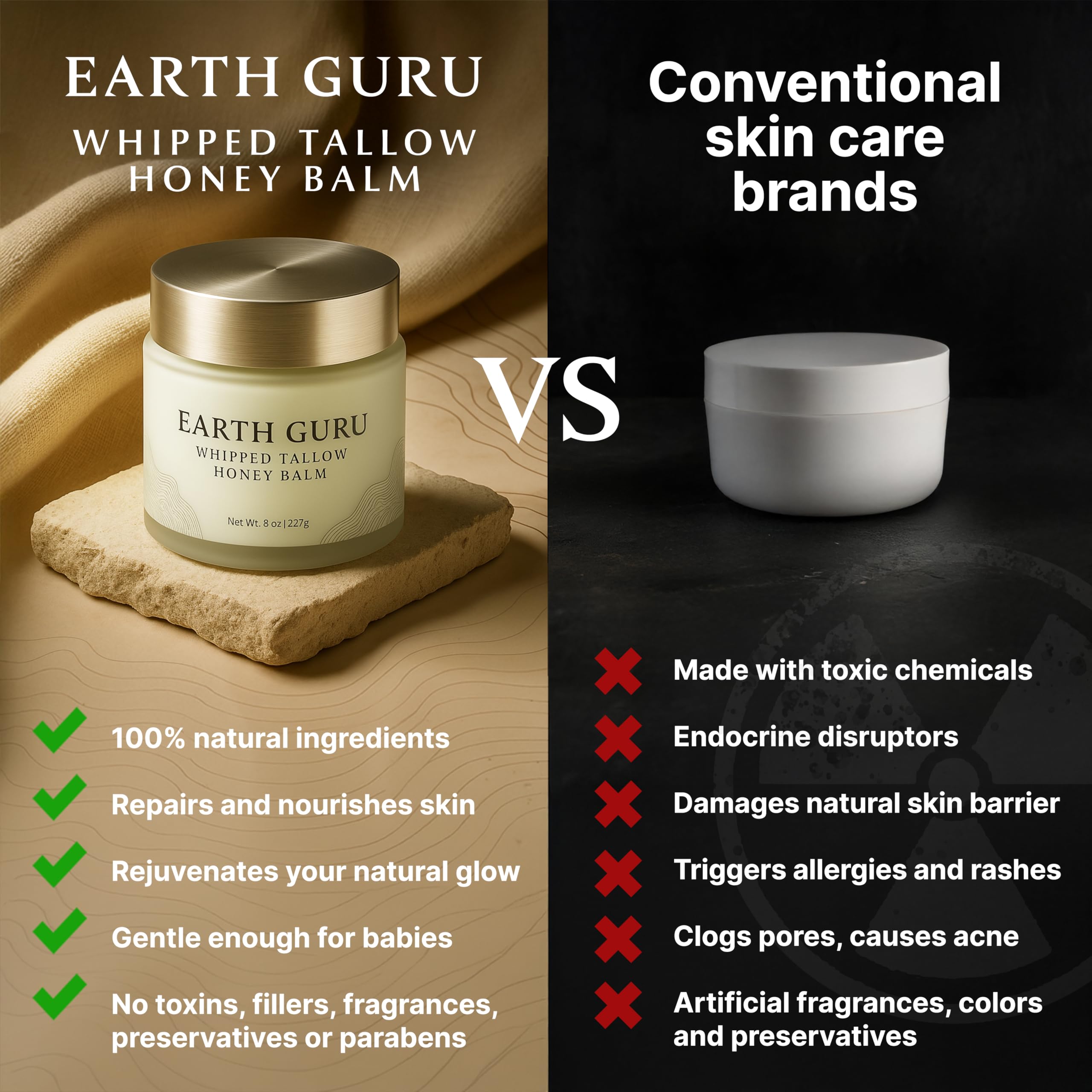 Earth Guru XL 8 OZ Whipped Beef Tallow for Skin,100% Natural Beef Tallow and Honey Balm, Face Moisturizer & Body Lotion Cream, Grass-Fed & Finished, Sebo De Res Para La Cara, Organic Olive Oil, Manuka
