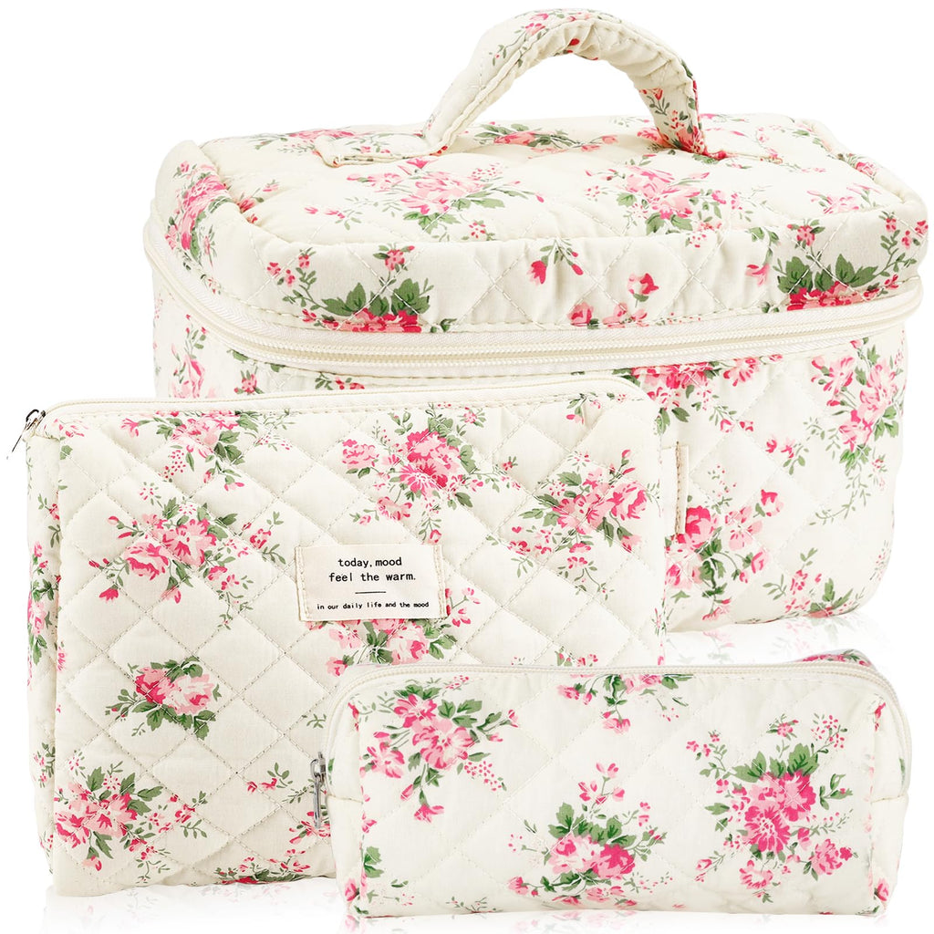 URSKYTOUS 3Pcs Cotton Quilted Makeup Bag for Women Girls Large Small Travel Pink Floral Cosmetic Bags Set Cute Coquette Makeup Pouch for Purse Aesthetic Cloth Flower Storage Toiletry Bag Organizer