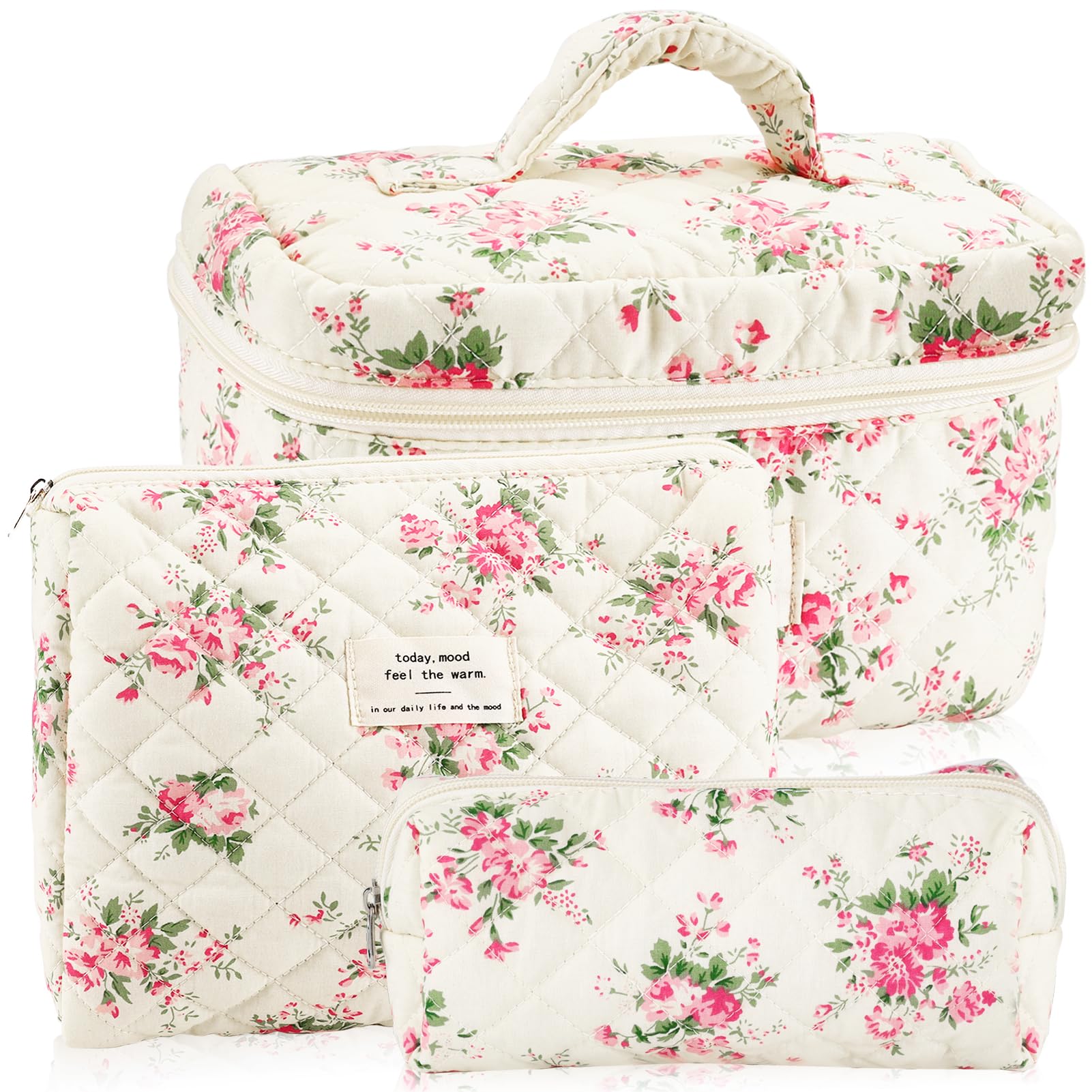 URSKYTOUS 3Pcs Cotton Quilted Makeup Bag for Women Girls Large Small Travel Pink Floral Cosmetic Bags Set Cute Coquette Makeup Pouch for Purse Aesthetic Cloth Flower Storage Toiletry Bag Organizer