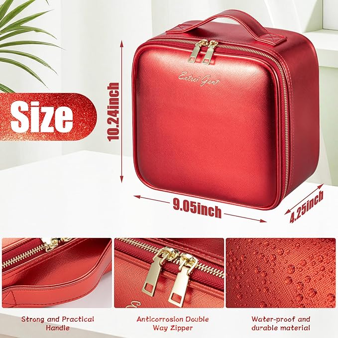 Extrei Gent Makeup Travel Train Case with Mirror LED Light 3 Adjustable Brightness Large Cosmetic Bag Portable Storage Adjustable Partition Waterproof Brushes Make up Jewelry Gift for Women