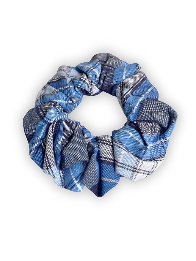 ClassExceed School Uniform Plaid, Plaid Scrunchie, Back to school, handmade school uniform hair accessories (Lt blue white Navy Plaid76)