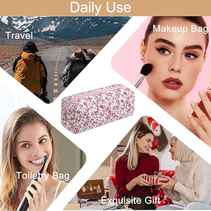 HHQQWZ Cute Floral Cotton Makeup Brush Cosmetic Bag for Women, Travel Quilted Zipper Make Up Bag, Flowers Toiletry Organizer Case Kawaii Makeup Cosmetic Travel Cloth Pouch (Red Floral)