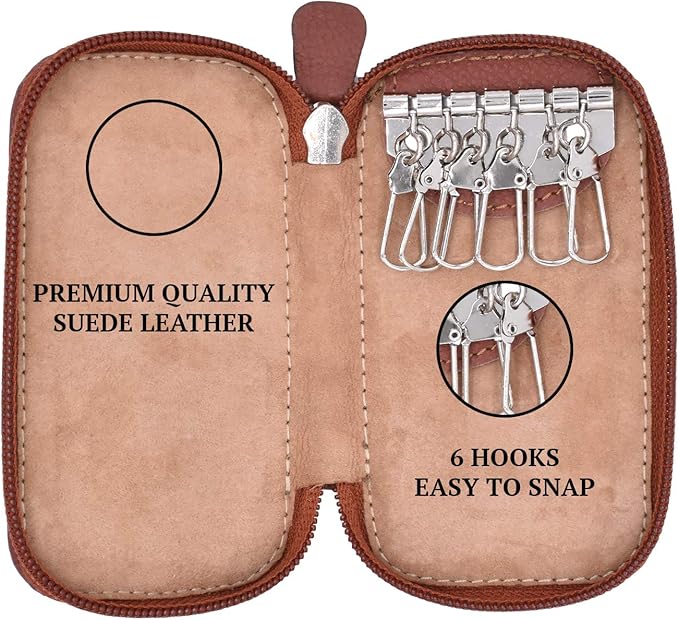 Adamis Full Grain Genuine Leather Keychain Holder Pouch, Key Case, Soft Strong and Compact Organizer and Wallet with Zip Closure for Extra Safety and 6 Key Holder Hooks in Tan